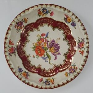 Vintage Daher 1971 ENGLAND Floral Gold & Burgundy Red Tin Bowl Serving Tray